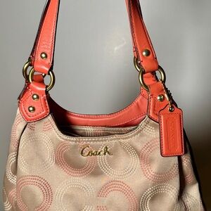 Vintage Coach Op Art Dotted Ashley in Tan Satin and Coral Leather